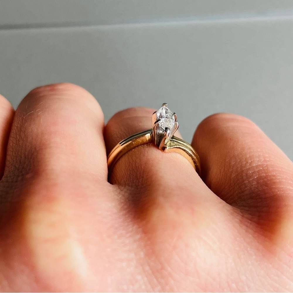 Estate Genuine Diamond Marquise Cut 10k Gold Double Band Ring Circa 1970 - Picture 7 of 13